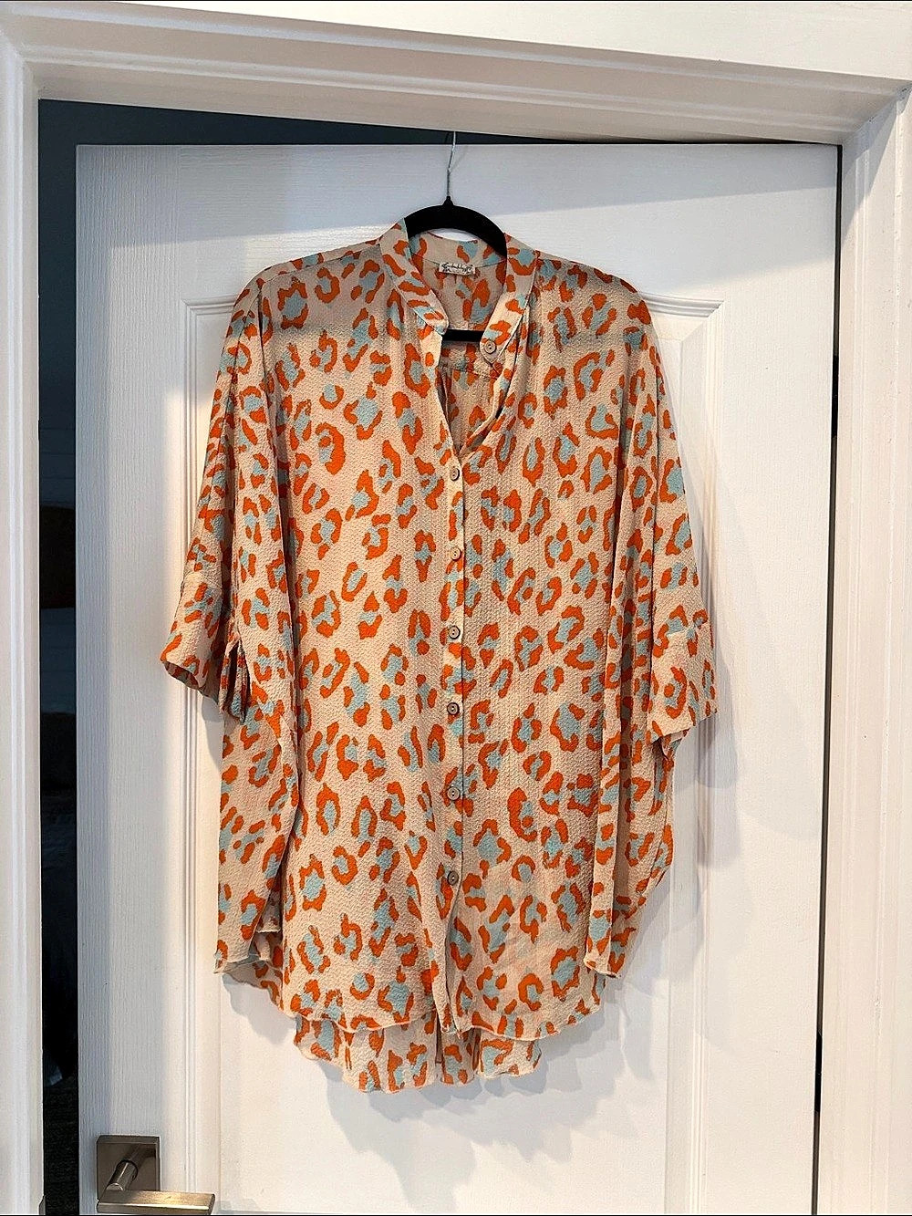 Free People Women's Animal Print Button Down in Orange & Blue